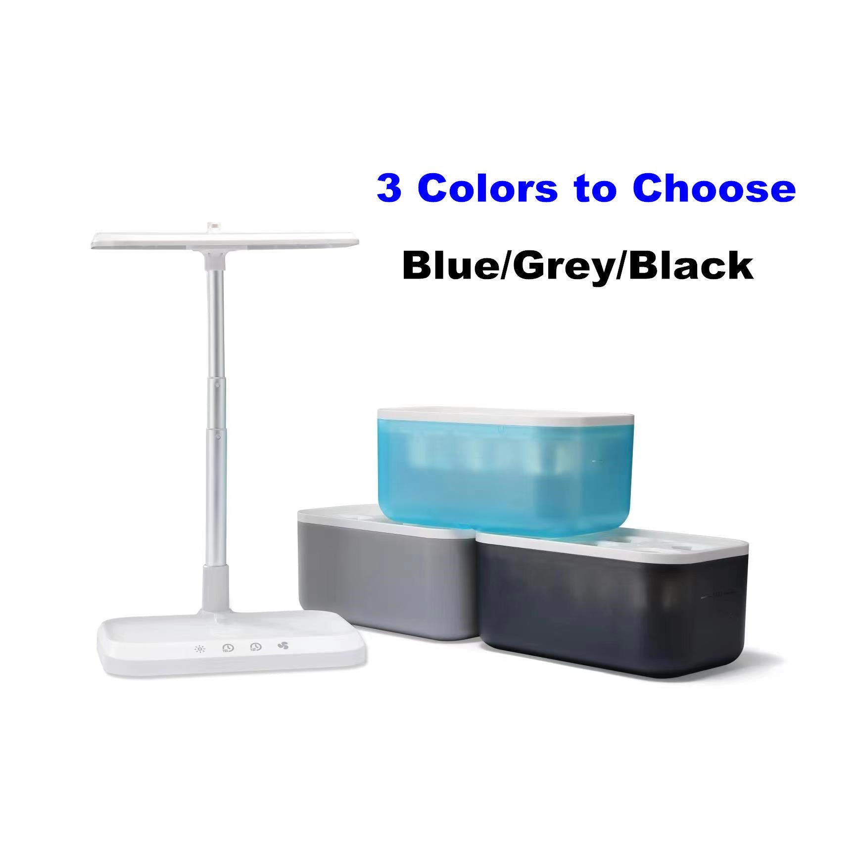 Hydroponics system in blue, gray, and black tanks with white stand and LED grow light
