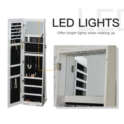 Lockable Jewelry Cabinet Standing Armoire Full Length Mirror LED Lights White Jewelry Organizer