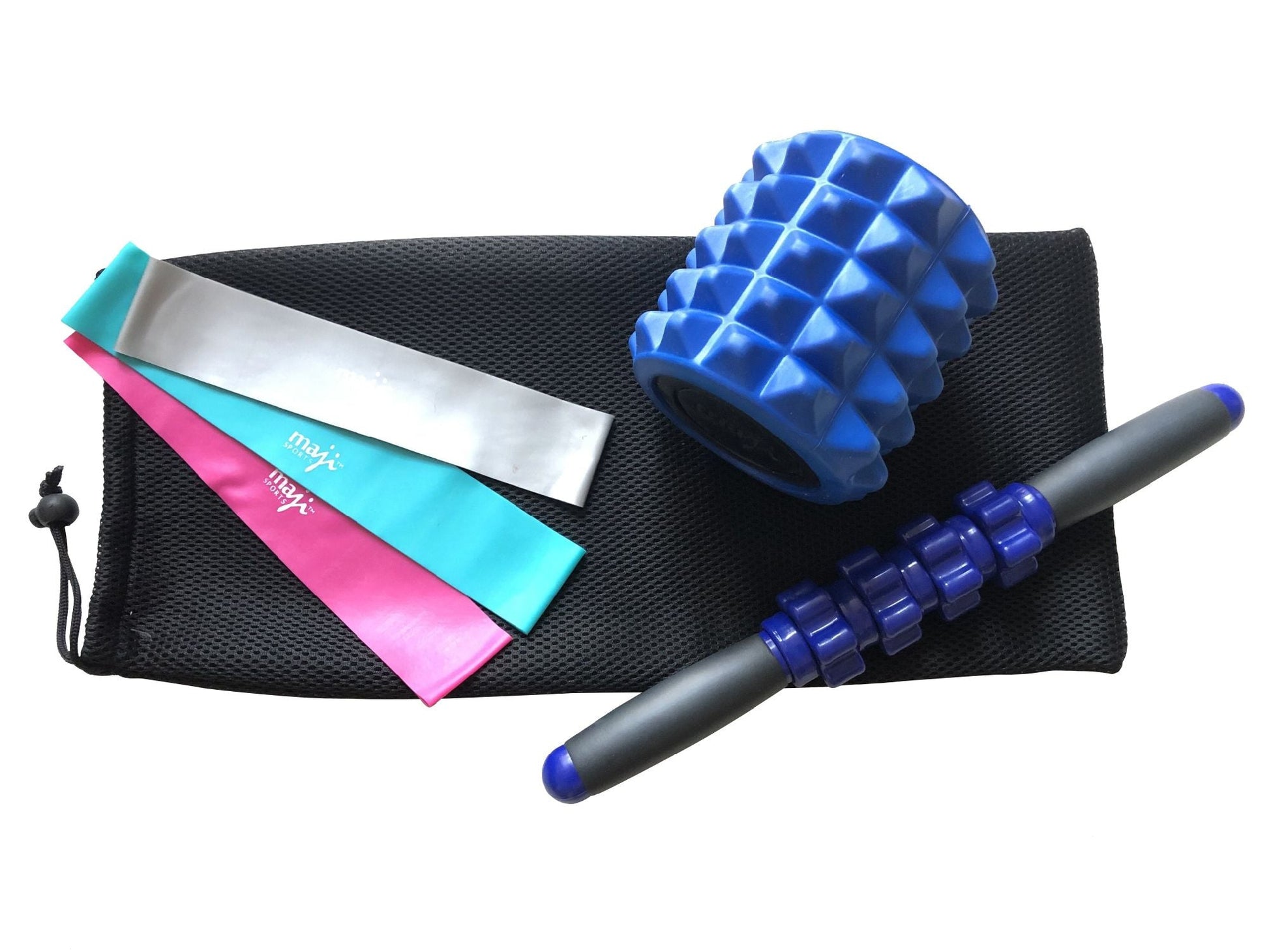 Resistance band and recovery roller set with blue foam roller and two bands