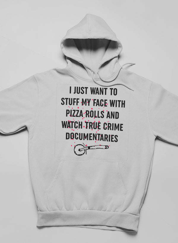 White pullover hoodie with front text and small logo graphic, hooded