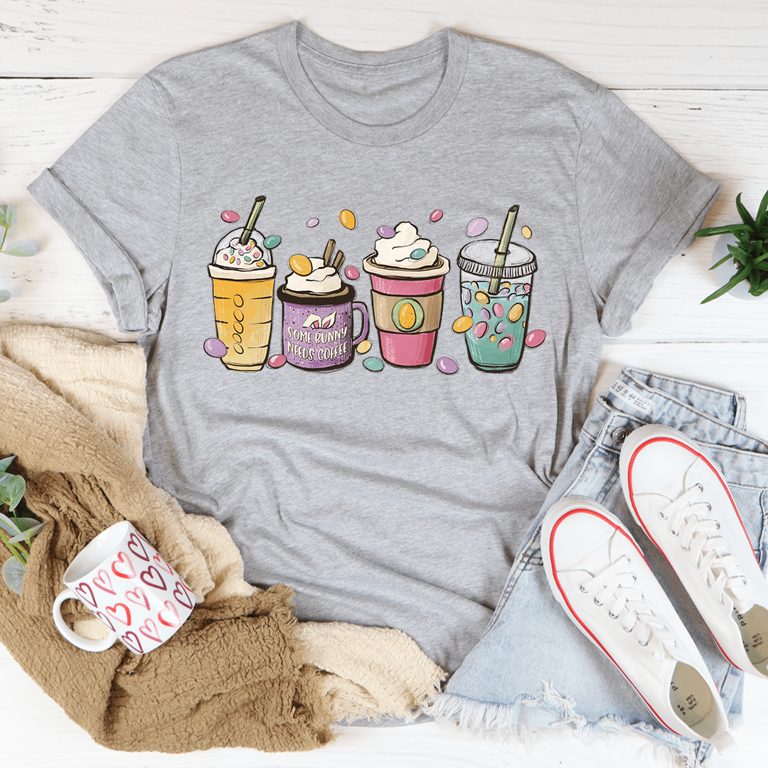 Gray short-sleeve t-shirt with colorful Easter bunny coffee drink graphic on chest