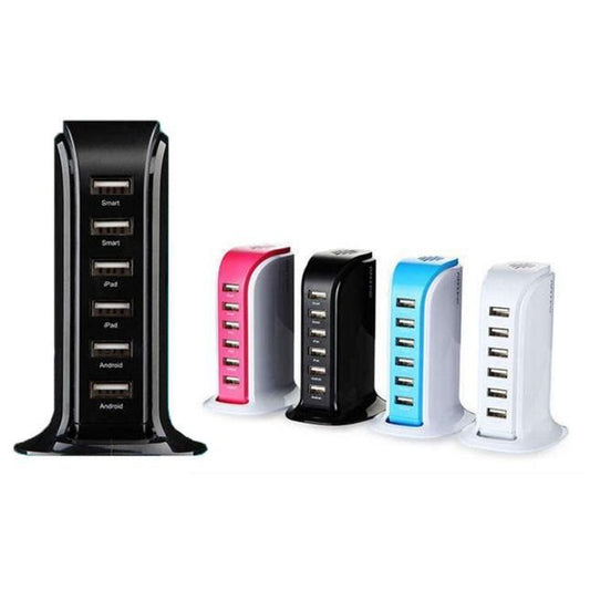 Black USB charging tower with multiple ports and a standing base