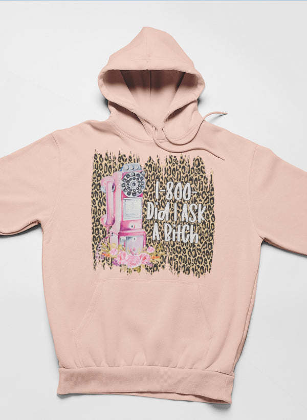 Dusty rose pullover hoodie with centered multicolor graphic print and kangaroo pocket.