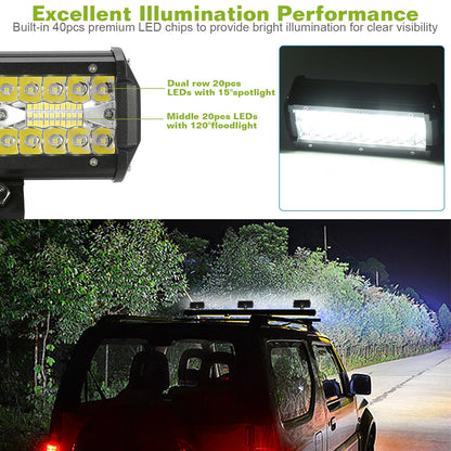 Rectangular LED light bar work light with multi-chip lens array, spotlight and flood layout