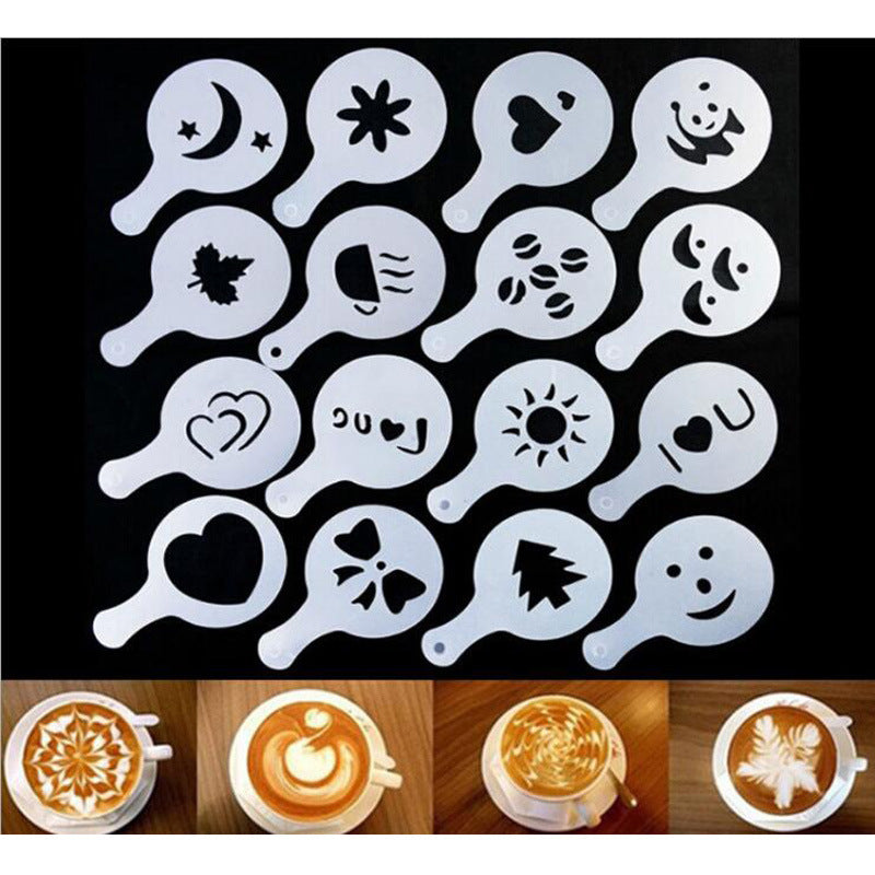 Set of white plastic coffee stencils with multiple decorative shapes