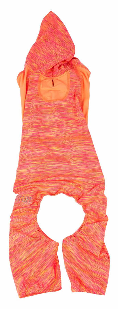 Dogs heathered two-tone full-body hoodie, orange-pink back view with hood