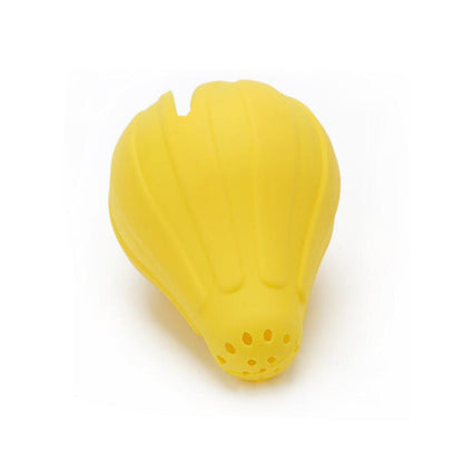 Yellow silicone citrus juicer press, cup-shaped with small perforation holes