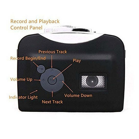 Cassette-to-MP3 converter control panel with play, record, track, and volume buttons