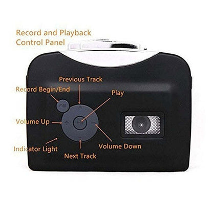 Cassette-to-MP3 converter control panel with play, record, track, and volume buttons