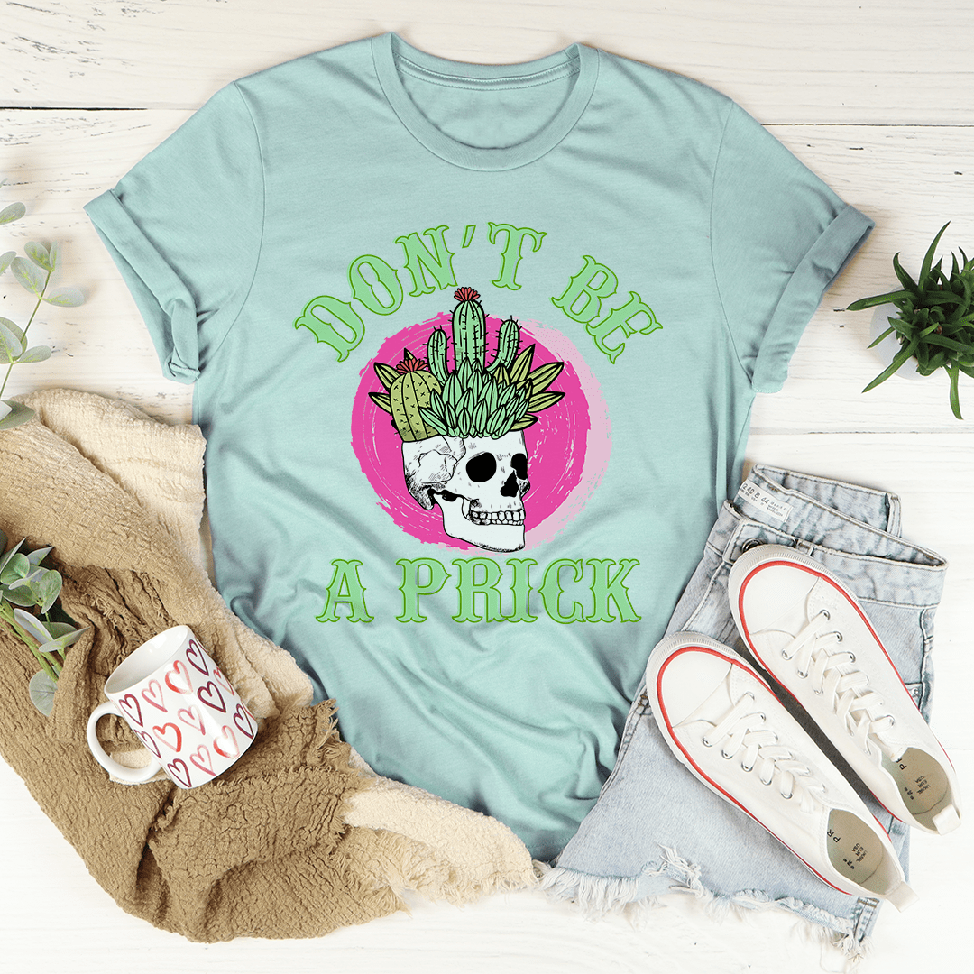 Teal graphic skull cactus T-shirt with green arched text