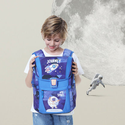 Blue space-themed kids school backpack with front flap and top handle