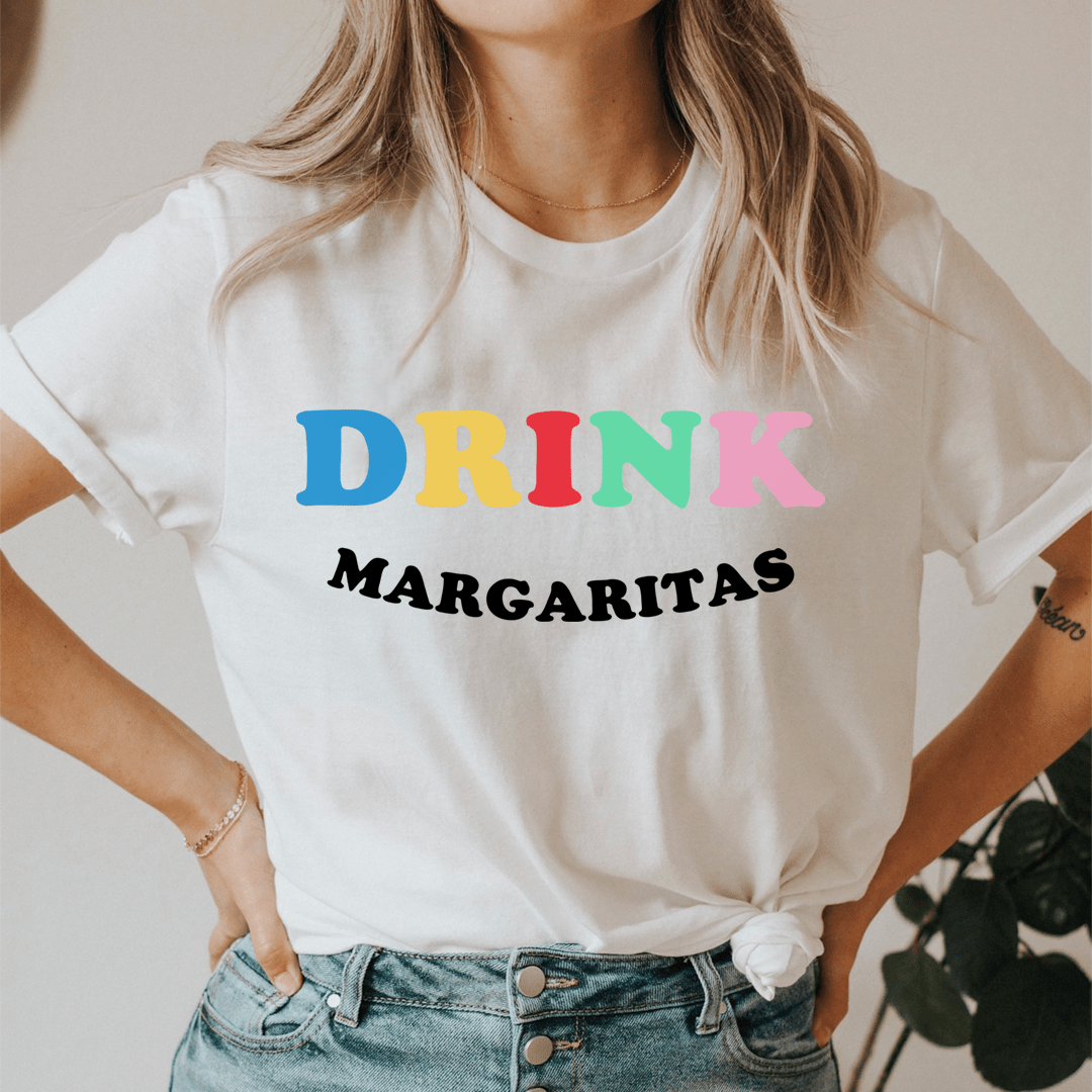White Margaritas T-shirt, blue DRINK and black MARGARITAS lettering