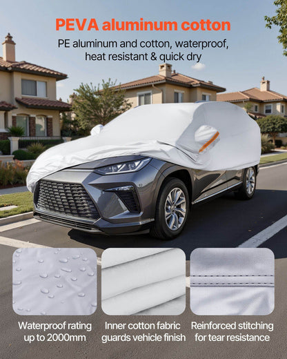 SUV car cover, white with orange pull tab, reinforced front profile
