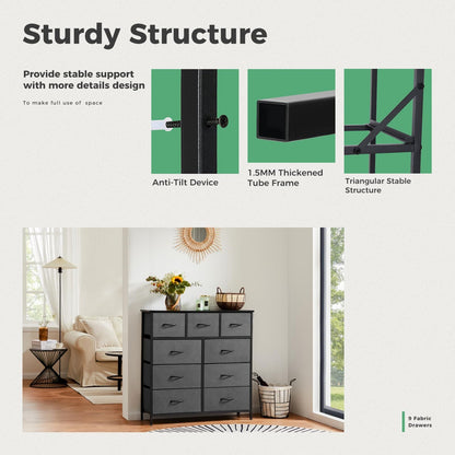 Dresser For Bedroom With 9 Fabric Storage Drawer Wardrobe Tall Chest Organizer Closet Adult Kids Clothes Cabinet Furniture