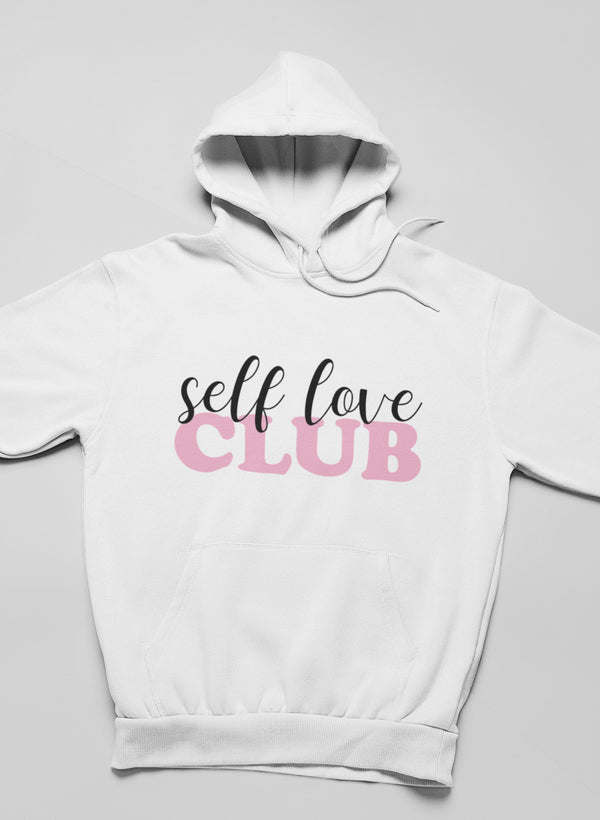 White hoodie with 'self love CLUB' front graphic, pullover hood and long sleeves