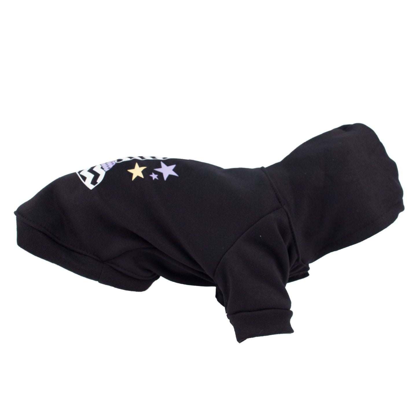 Hooded pet sweater costume, black with star and zigzag graphic on top back