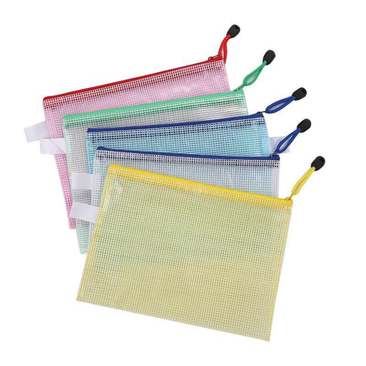 Transparent mesh zipper file pouches set, A5, assorted colors with black pull tabs