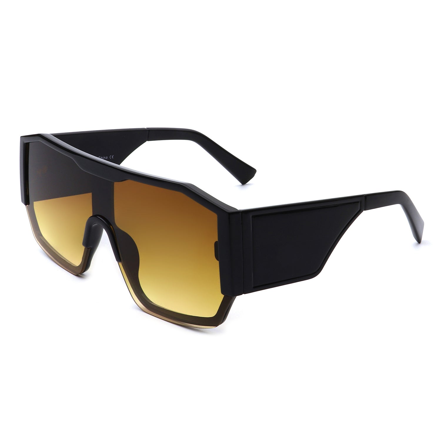 Oversize square aviator sunglasses, side view, dark frame and amber tinted lenses