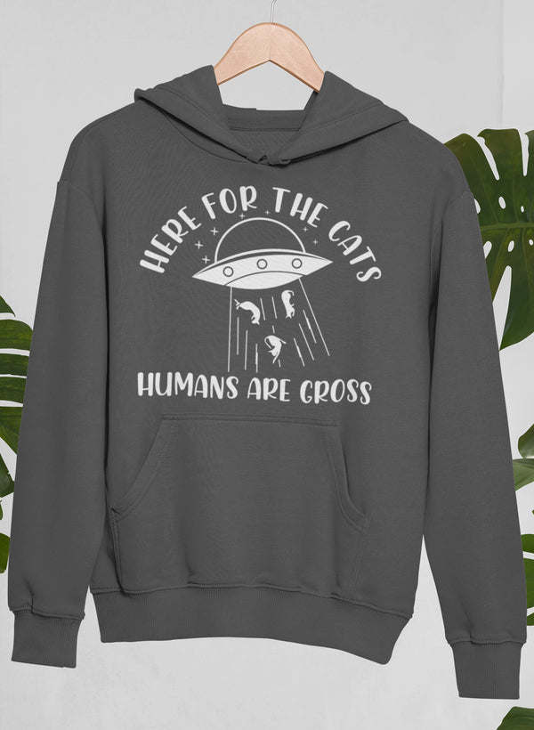 Dark gray cats hoodie with front kangaroo pocket and white chest graphic