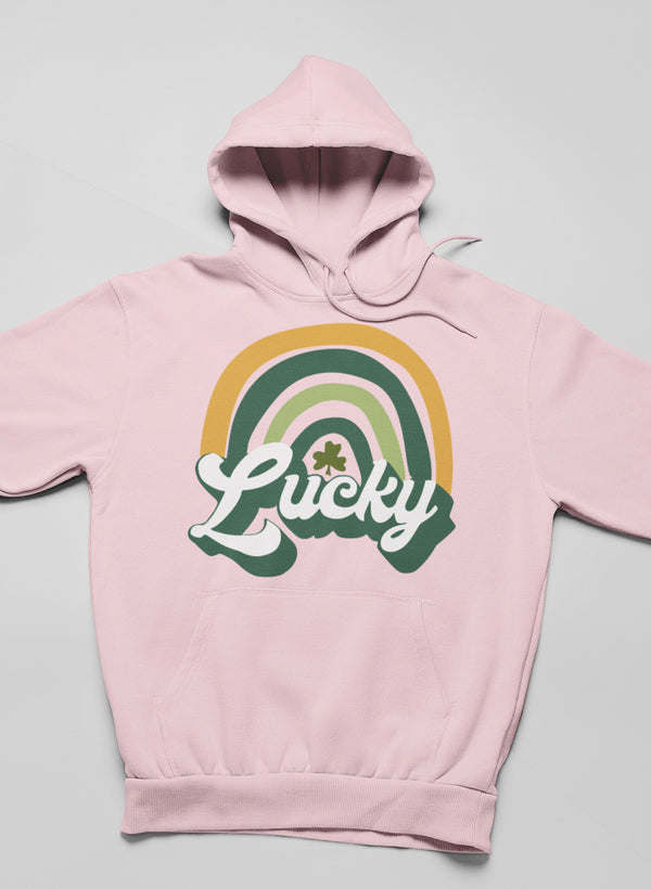 Pink retro hoodie with front "Lucky" rainbow logo graphic