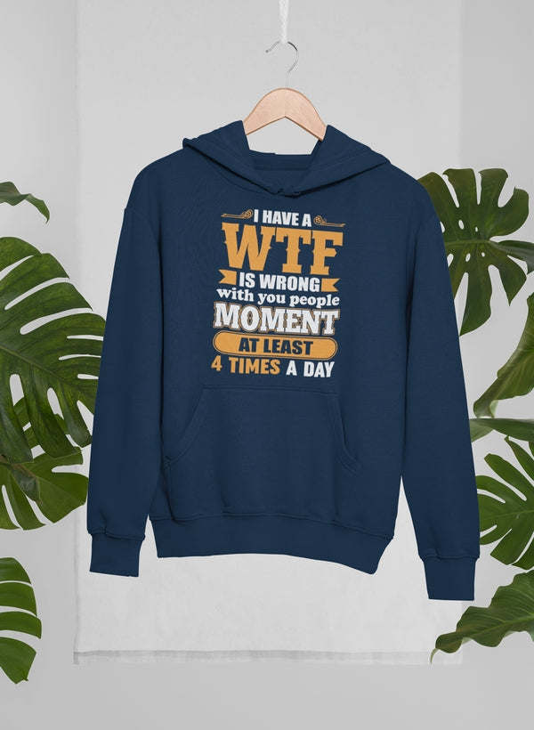 Navy pullover hoodie with colorful 'WTF' slogan graphic and kangaroo pocket