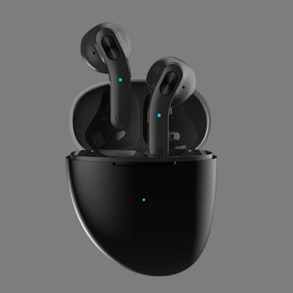 Black charging case with two black Bluetooth earbuds, blue indicator lights