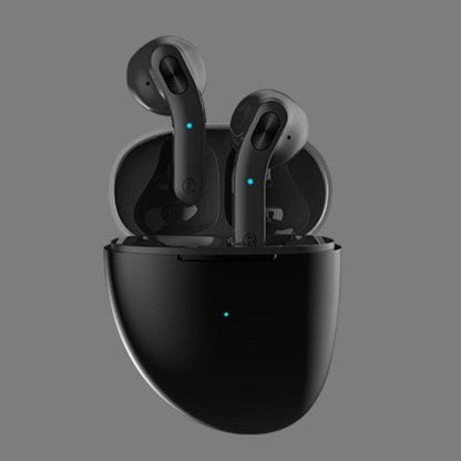Black charging case with two black Bluetooth earbuds, blue indicator lights