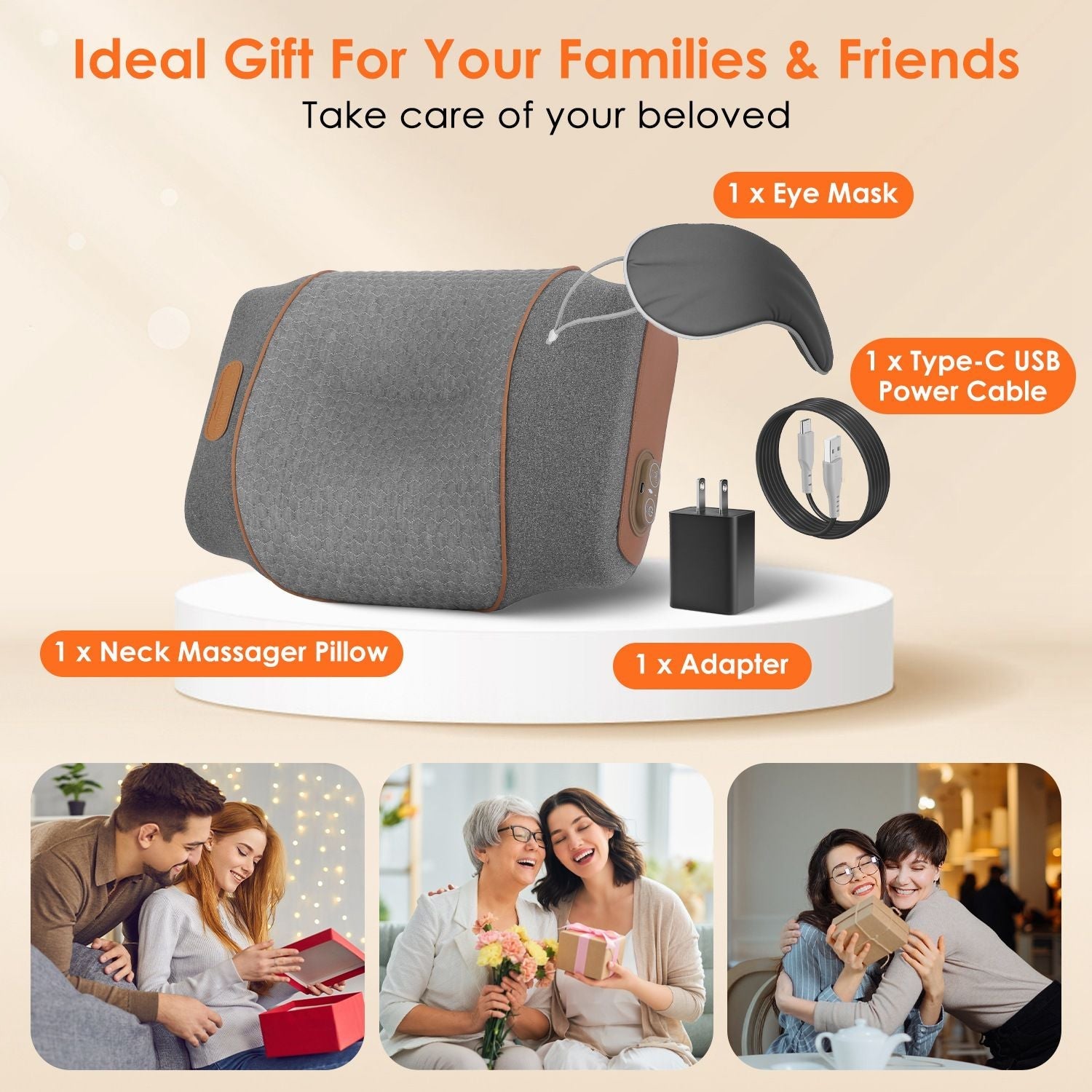 Neck massager set with dark grey pillow, eye mask, USB power cable, and adapter