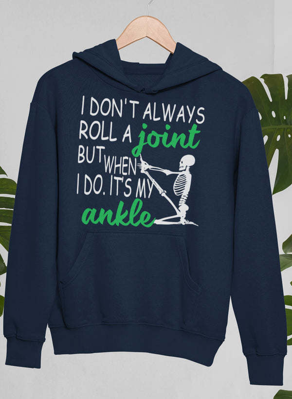 Navy hoodie with kangaroo pocket, skeleton skull graphic and text slogan print.