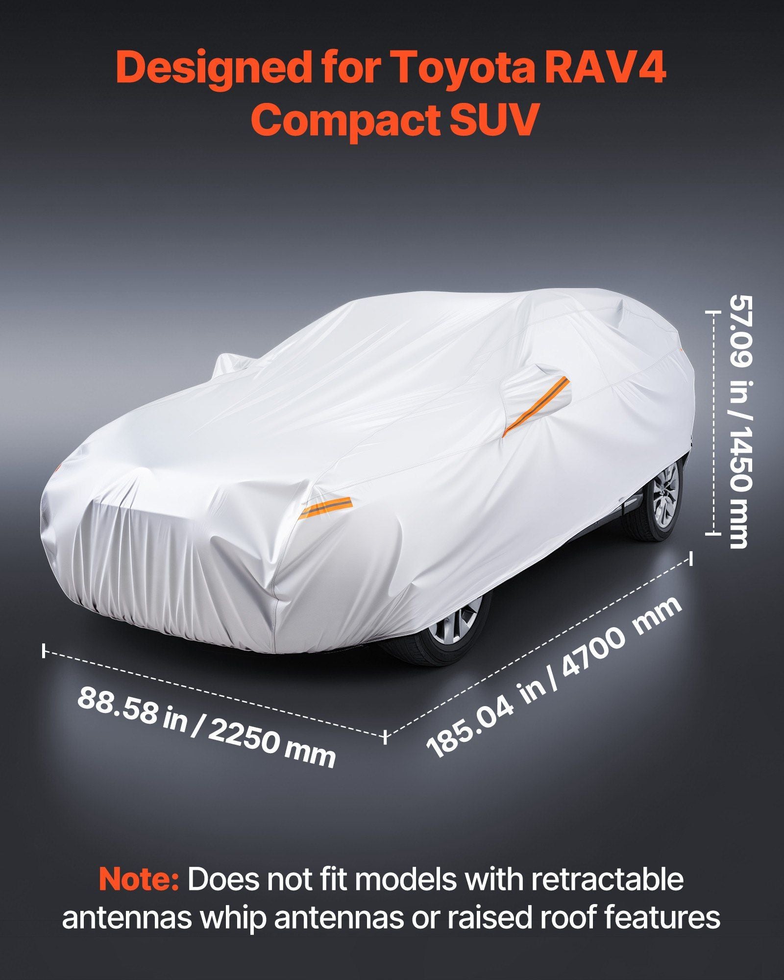Custom-fit car cover for compact SUV, white/gray with orange pull tabs