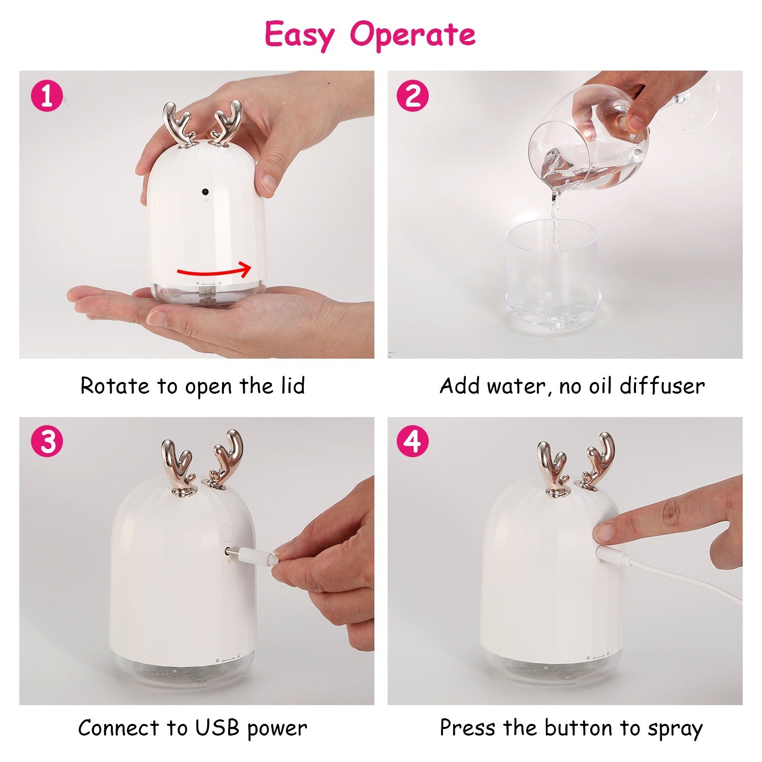 Deer-antler humidifier showing open lid, add-water step, and button spray
