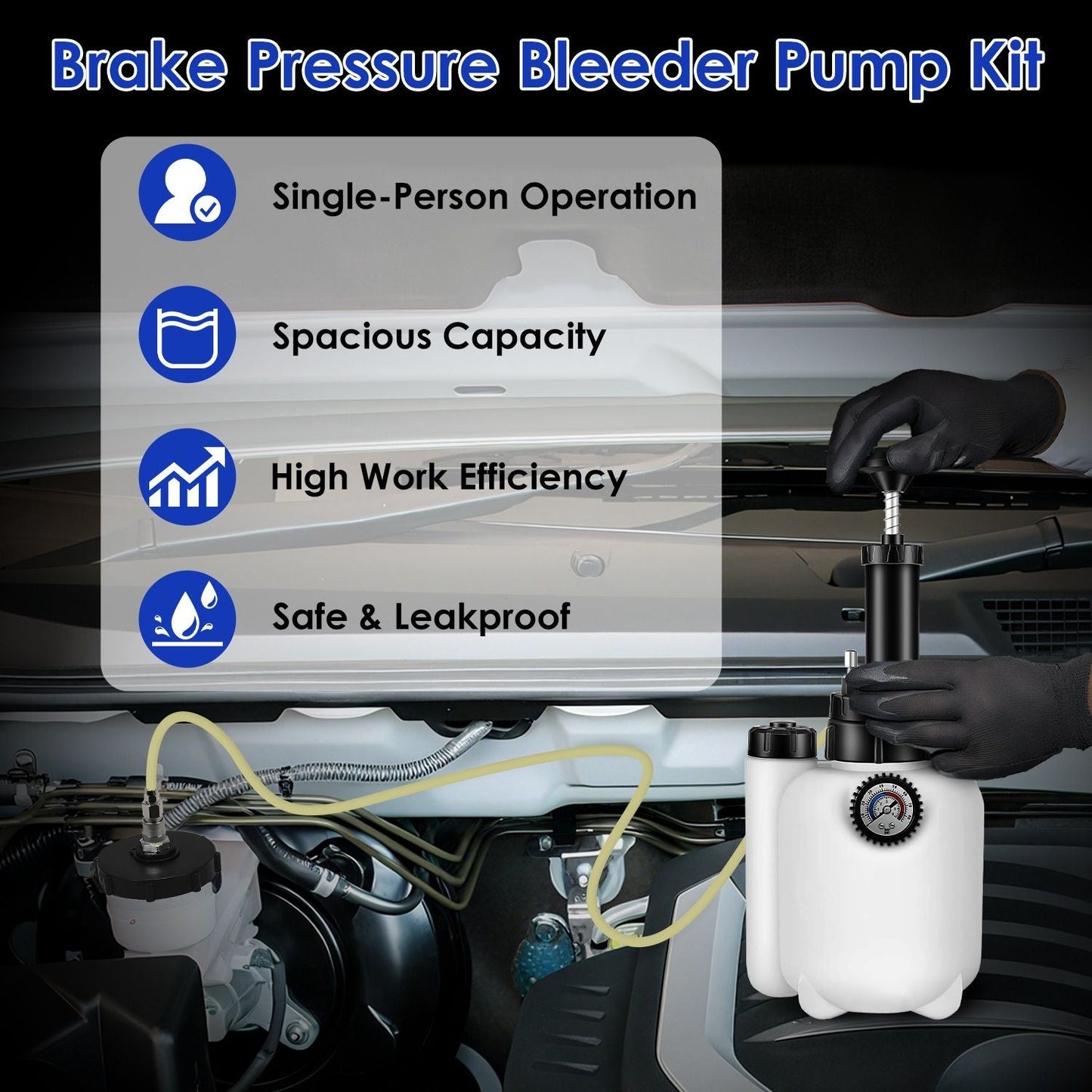 Brake pressure bleeder pump kit with white reservoir tank and manual pressing handle