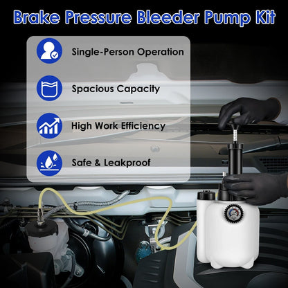 Brake pressure bleeder pump kit with white reservoir tank and manual pressing handle