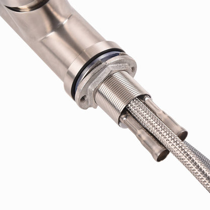 Stainless steel pull-down sprayer hose connection with braided flexible line