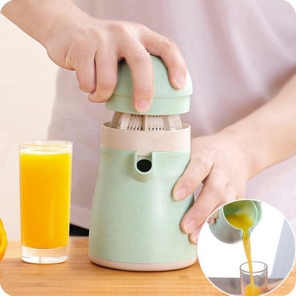 Light green juicer with strainer and pour spout, hands extracting juice