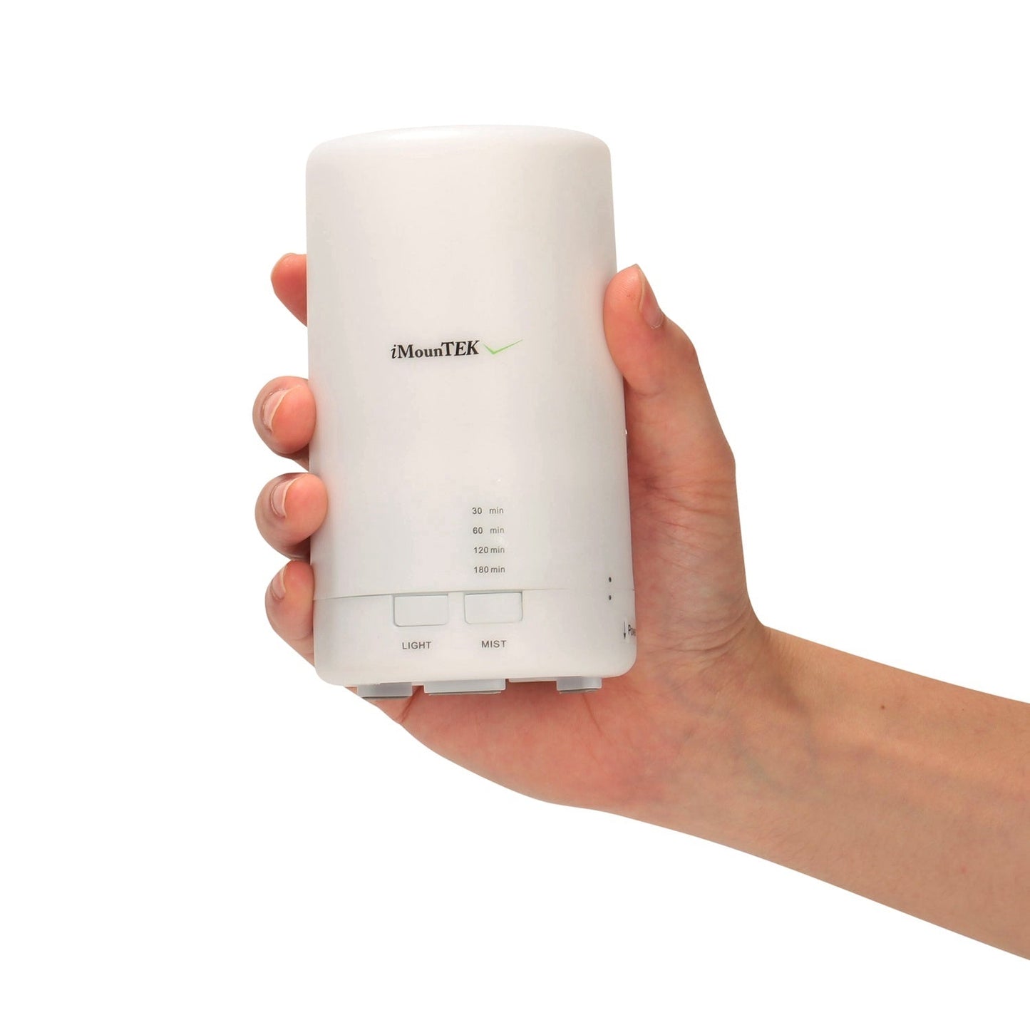 White mini ultrasonic aroma diffuser held in hand with control buttons