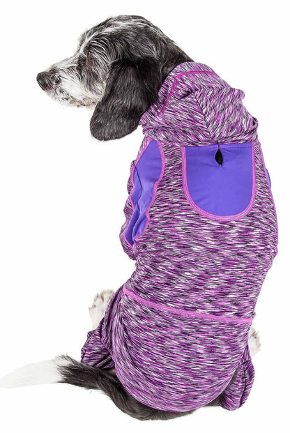 Purple heather two-tone dog hoodie with hood opening and large front pouch, full body coverage