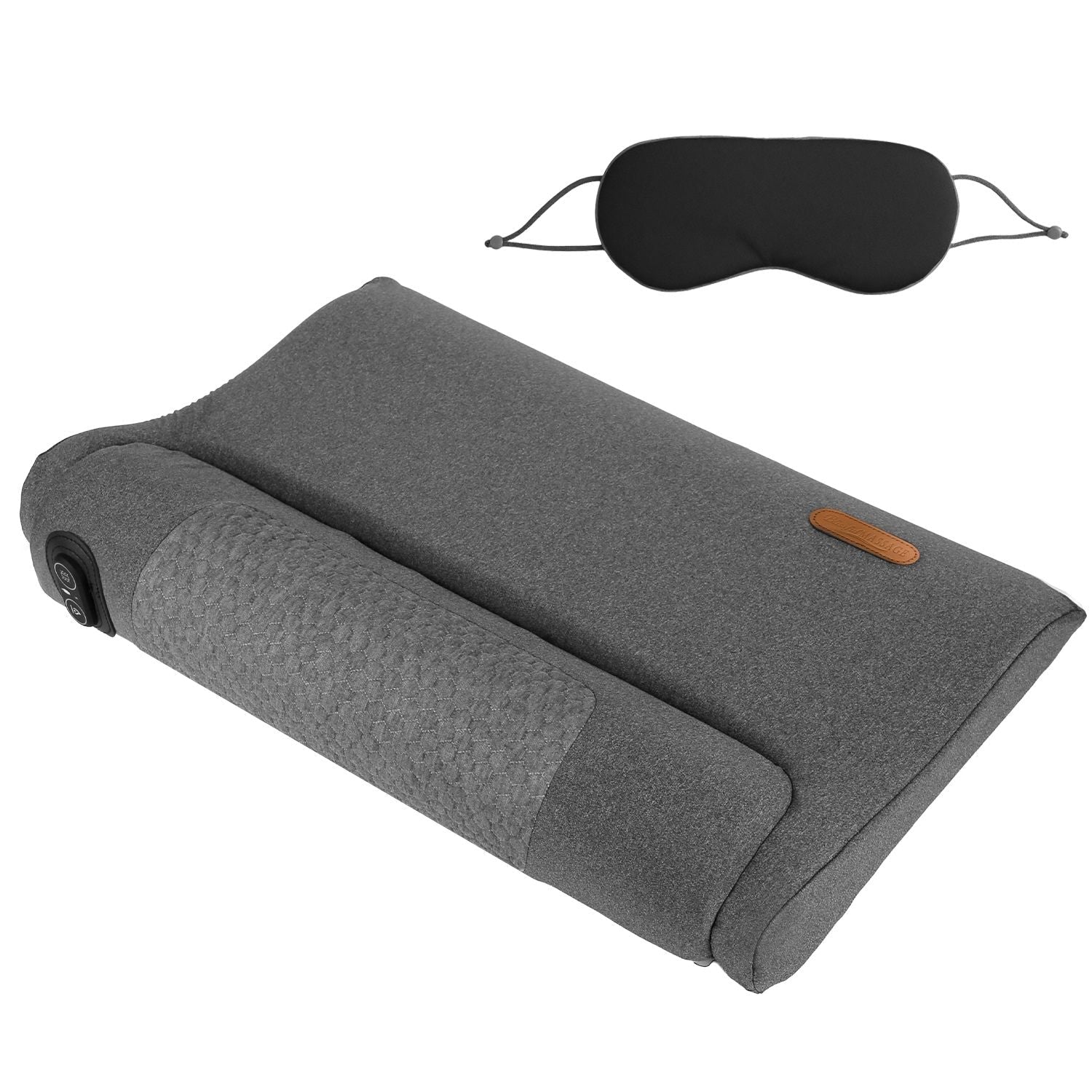 Dark grey ergonomic neck massager pillow with black controller pad connected by cord