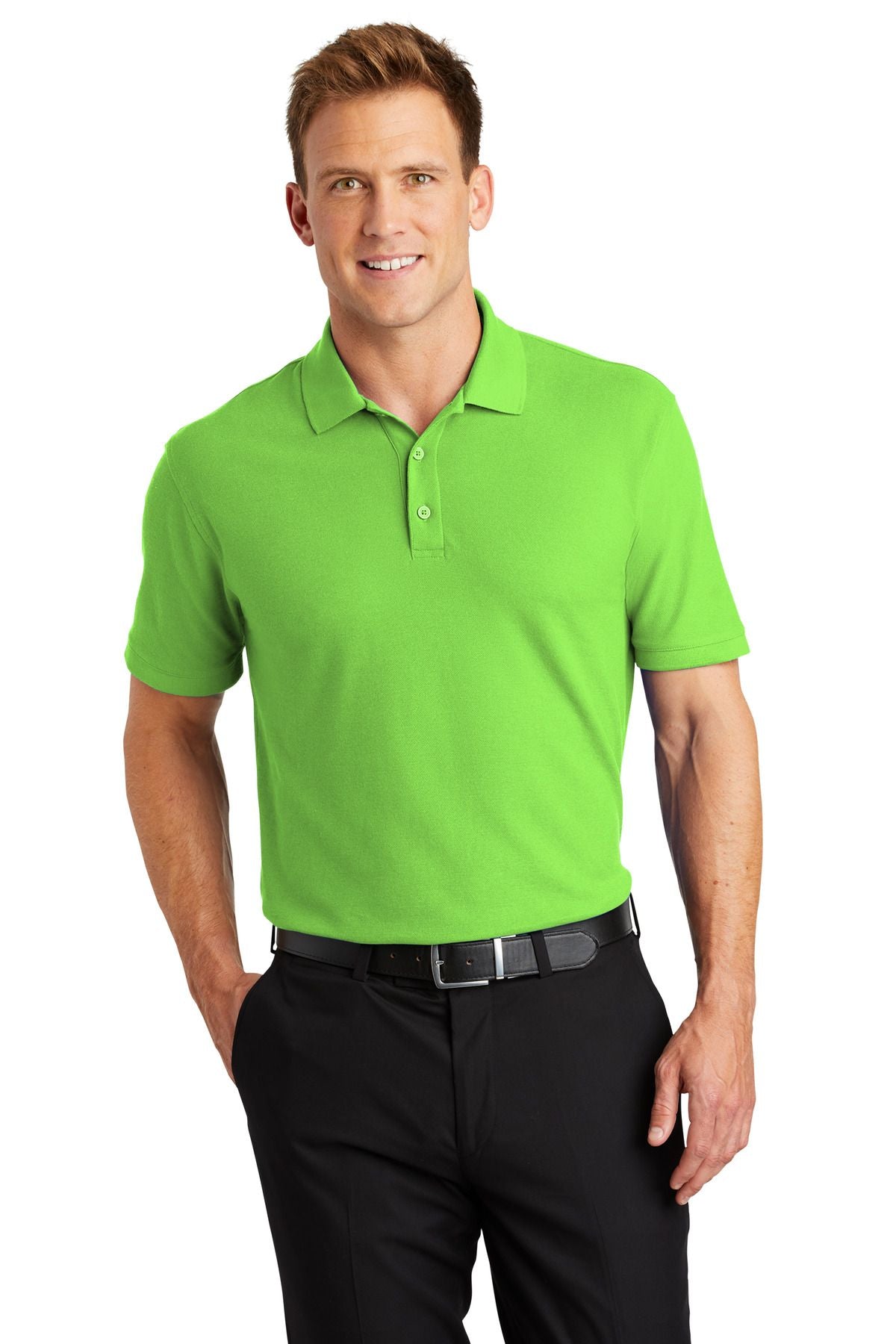 Bright green pique polo shirt with two-button placket and short sleeves