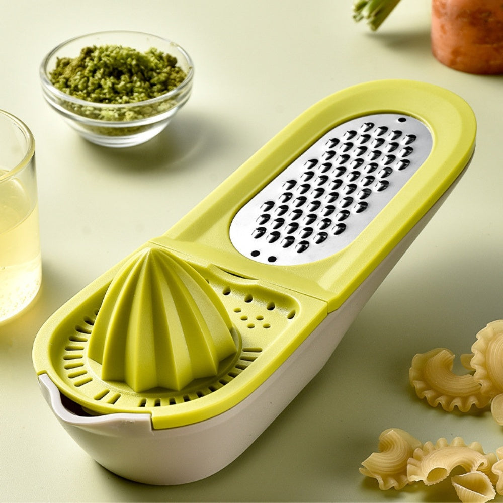 Green multifunction citrus juicer with cone reamer and grater plate