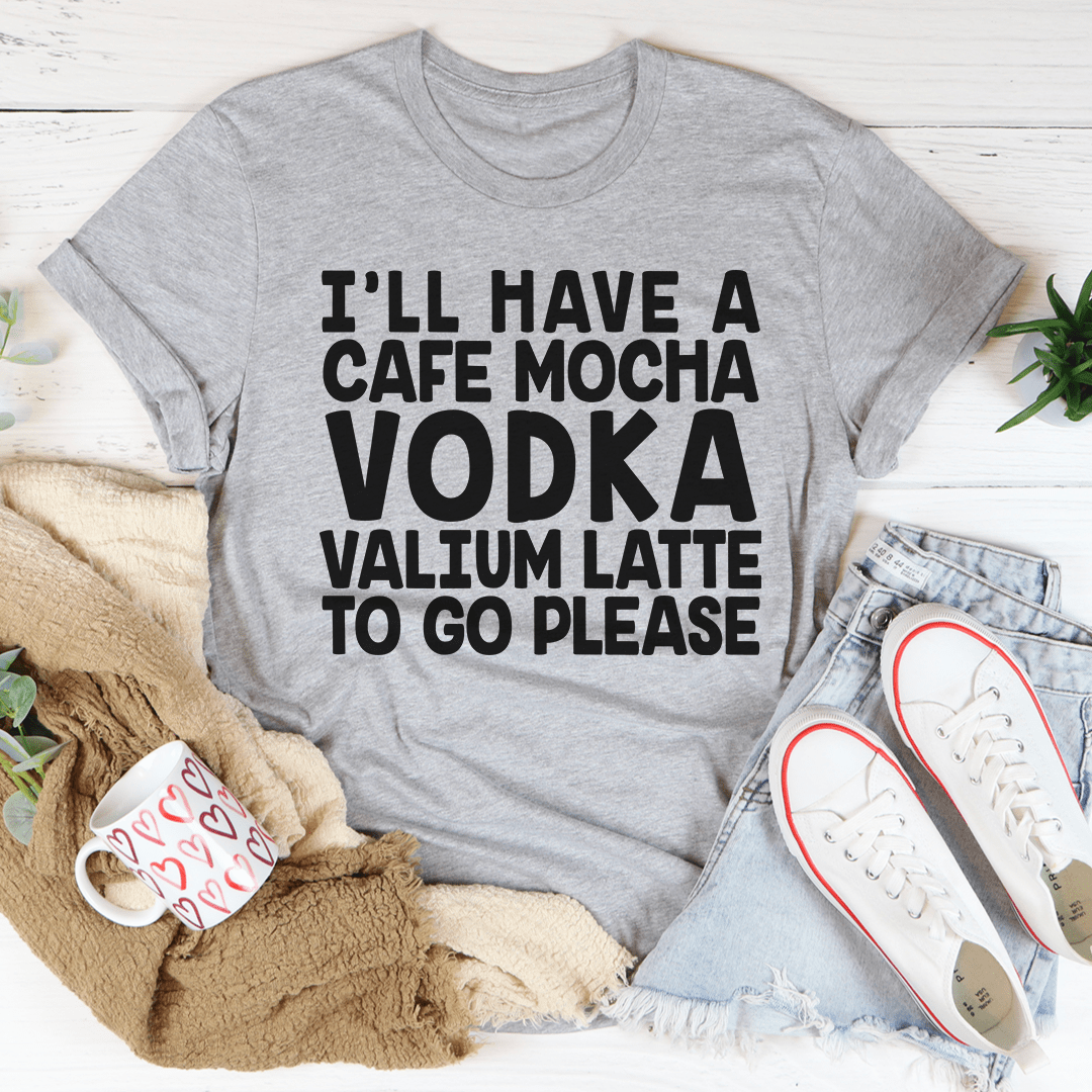 Heather gray graphic T-shirt with 'I'll Have a Cafe Mocha' slogan