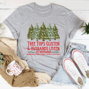 Heather gray crewneck T-shirt with green tree graphic and red holiday lettering