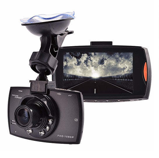 Car dash camcorder with front lens, suction mount, and extended view display screen