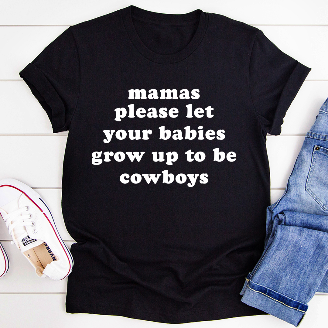 Black crew-neck short-sleeve T-shirt with bold white cowboy-themed text graphic