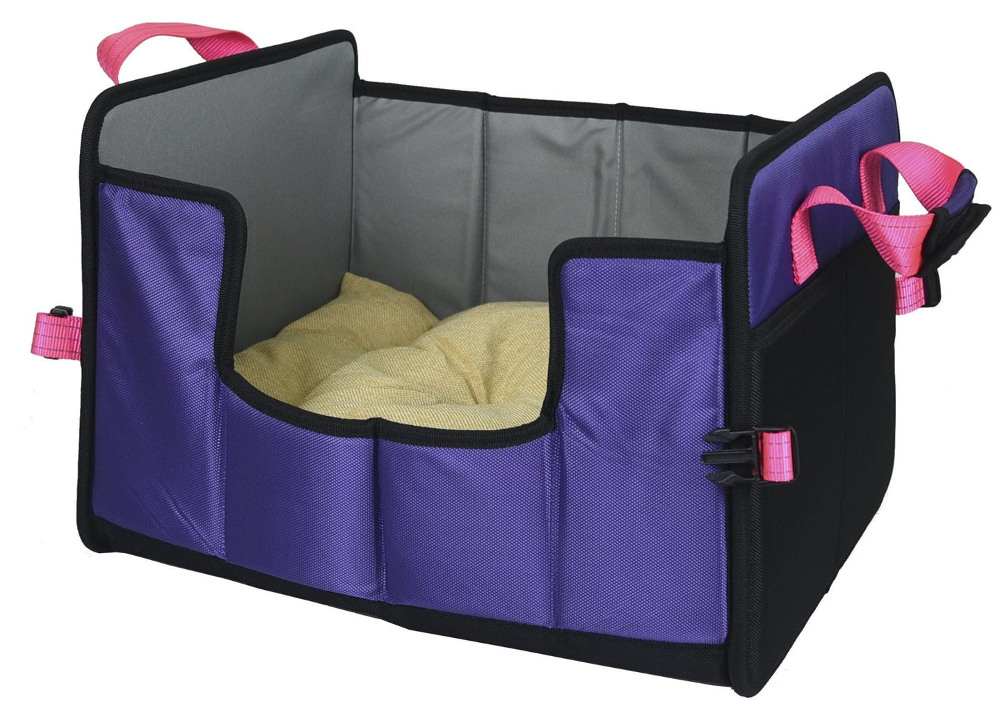 Folding travel pet bed, purple interior with black outer frame and pink carry straps