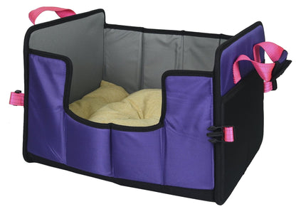 Folding travel pet bed, purple interior with black outer frame and pink carry straps