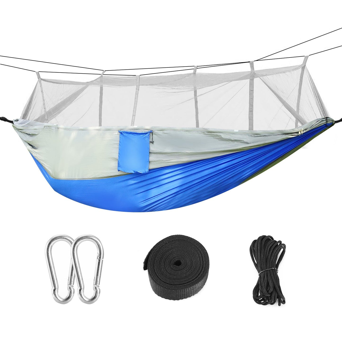 Blue mosquito-net hammock with gray mesh canopy and included strap and rope kit on white