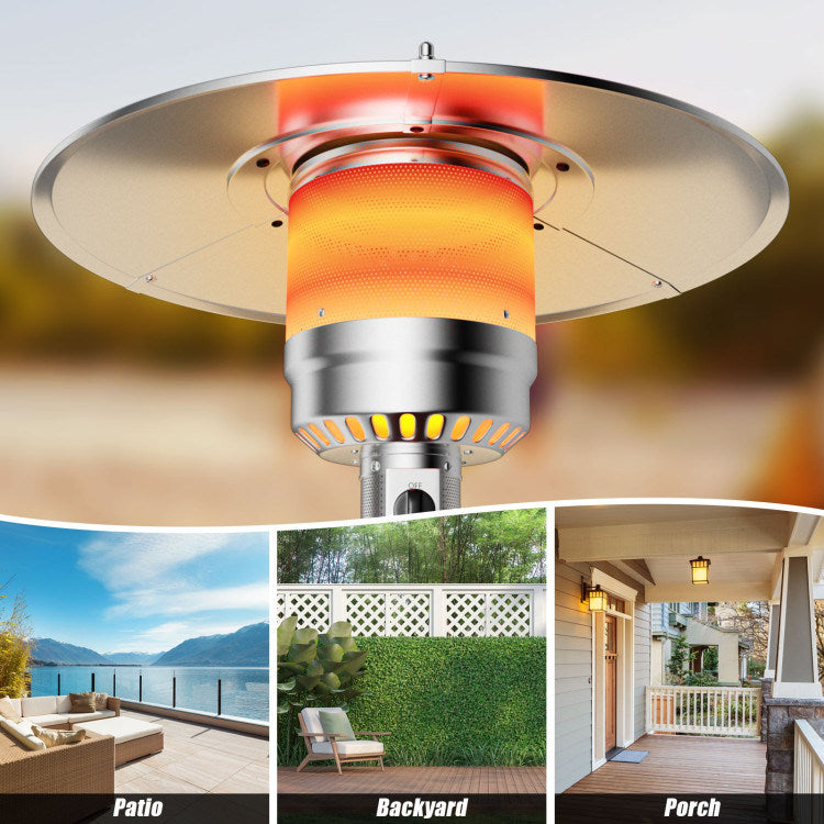Propane patio heater burner with glowing orange heat shield and wide metal reflector