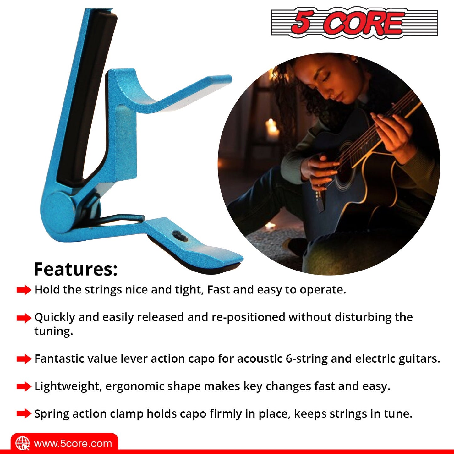 Blue guitar capo clip with black clamping bar and spring lever, with guitar nearby.