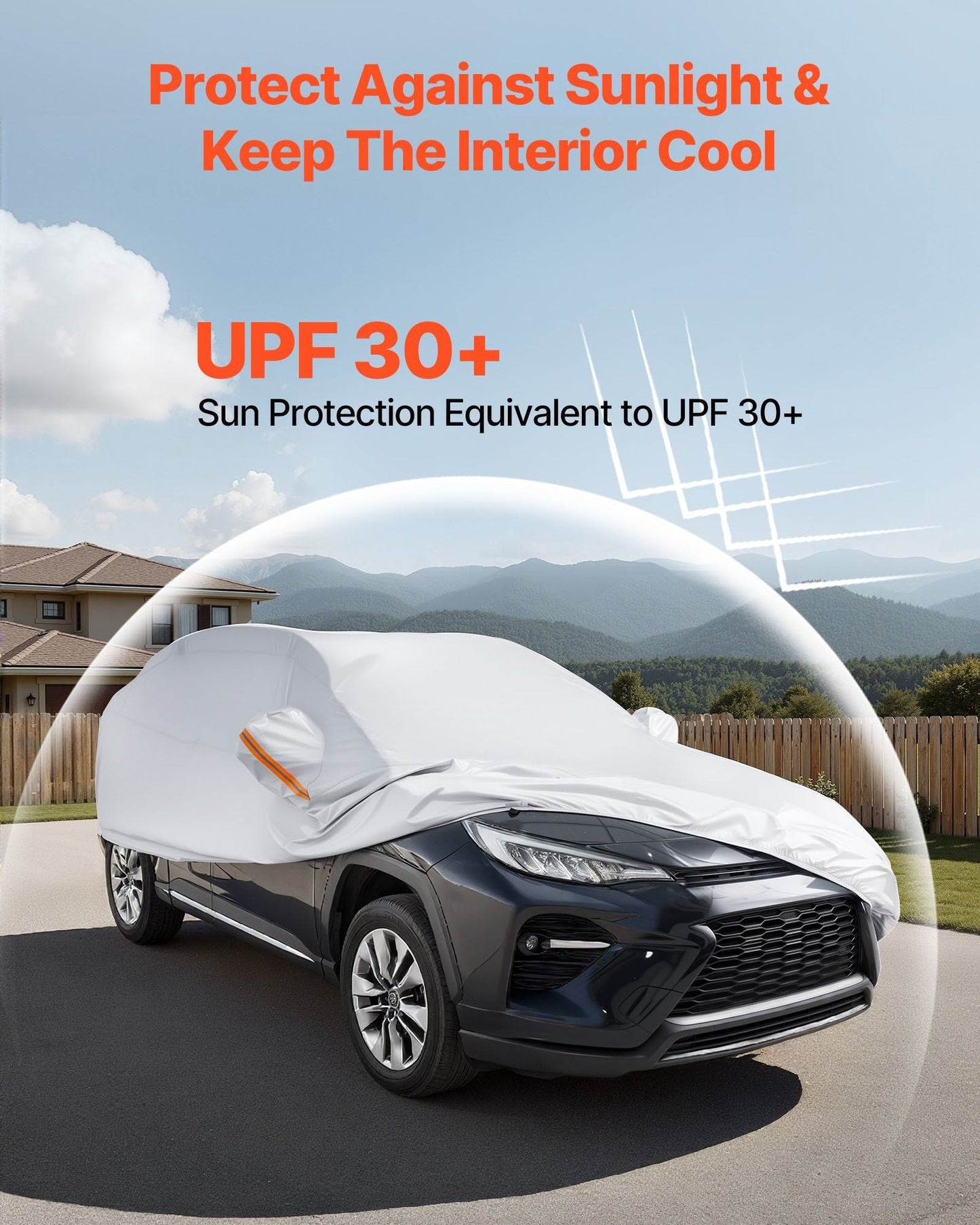 SUV car cover in white/gray with orange pull tab, full coverage design